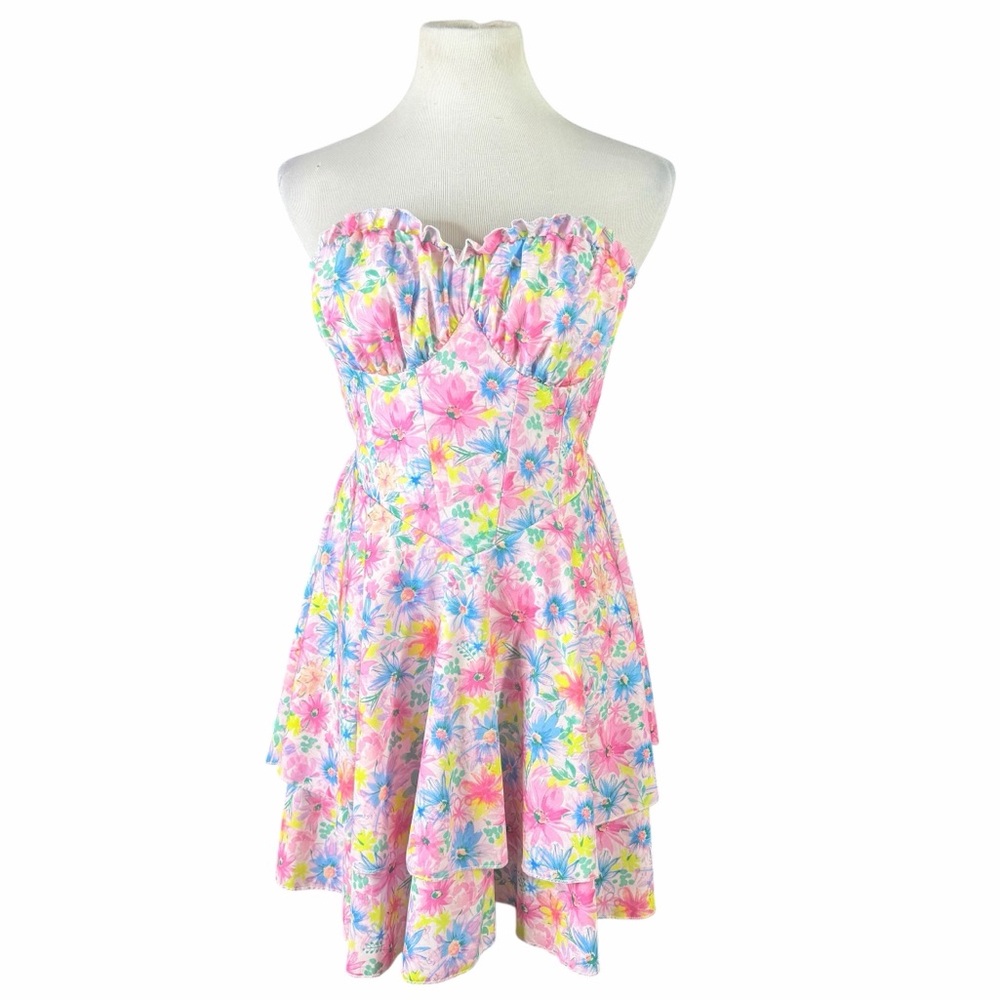SHEIN Soleia White Multicolor Floral Ruffle Sweetheart Strapless Mini Dress - M - Picture 4 of 16